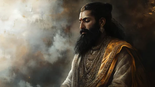 Profile view of regal bearded man in ornate garments.