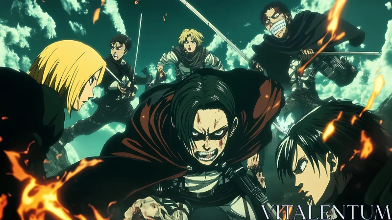 Battle-hardened swordsmen charge through burning sky field.