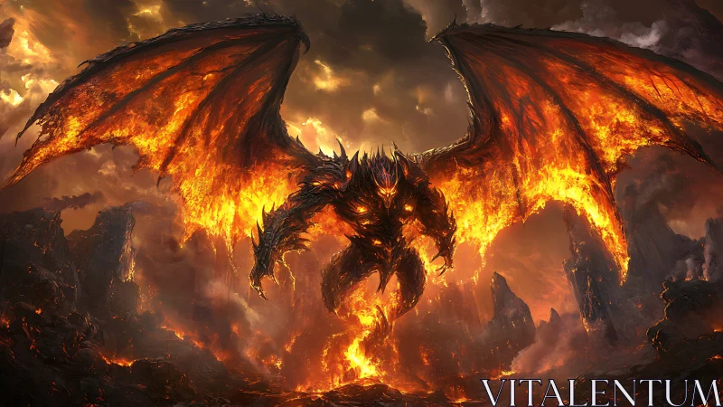 Molten-winged fire demon rises over a blazing volcanic realm
