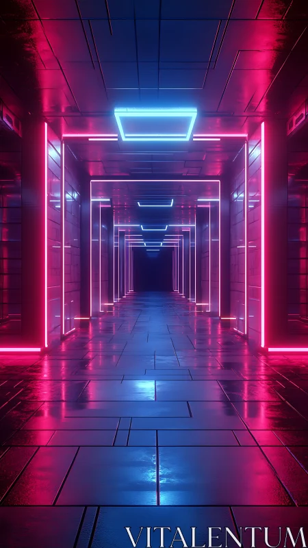 Neon vanishing-point corridor renders atmospheric cyber tunnel