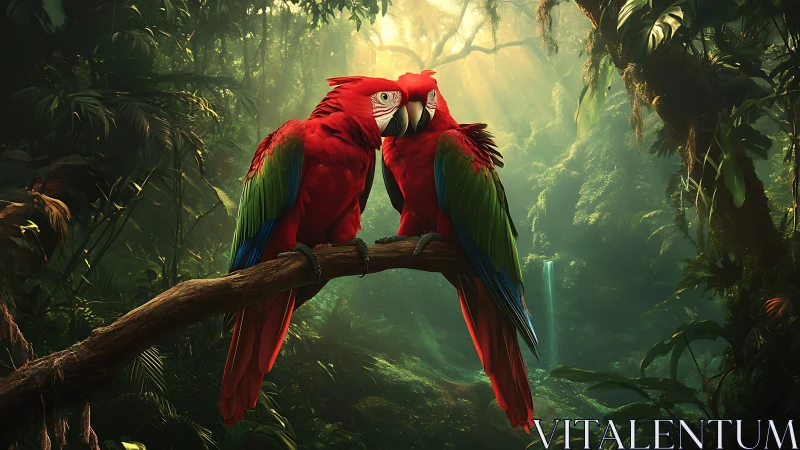 Vibrant Scarlet Macaws on Jungle Branch, Lush Nature Scene.