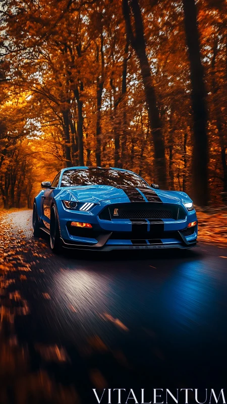 Blue muscle car storms through blazing autumn tunnel road.