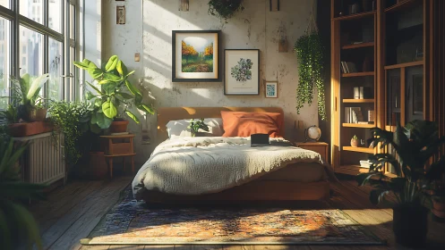 Sunlit biophilic bedroom interior rendered in photoreal detail