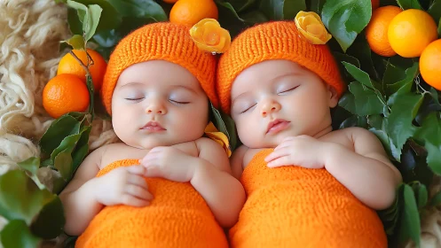 Dreaming Twin Citrus Cherubs Snooze Amid Orange Orchard