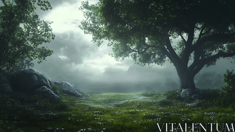 Misty forest clearing with ancient tree at dawn lighted edge.