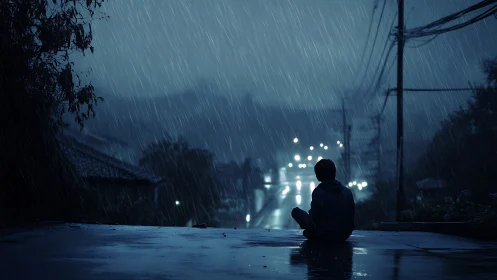 Backlit child silhouette studies urban rain under cool streetlights