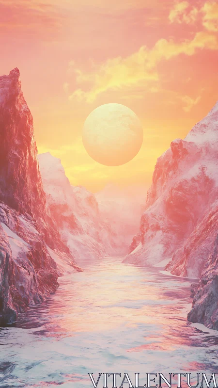 Digital landscape depicts icy canyon under low sun