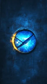Circular blue emblem with diagonal slash glows on dark wall