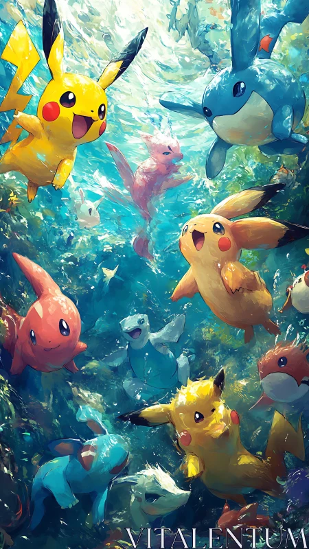 Underwater Pokemon swarm glow in swirling teal currents.