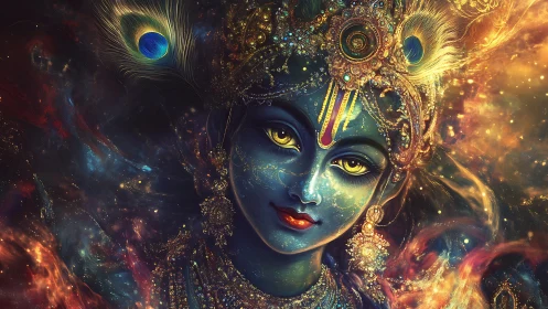 Cosmic blue deity portrait with jeweled headdress and nebular glow