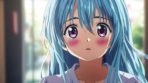 Blue-haired anime girl blushes softly in gentle daylight.