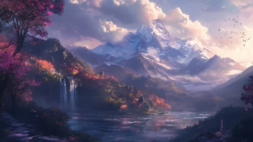 Dreamlit mountain valley with shimmering river and falls.