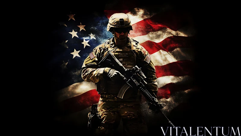 Shadowed modern soldier before a storm-worn American flag.