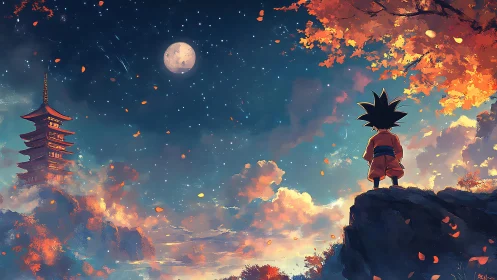 Backlit child silhouette surveys moonlit pagoda under starry sky