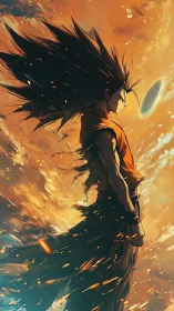 Warrior silhouette stands in blazing cosmic storm sky.