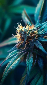 Luminous cannabis flower glows softly among teal green leaves