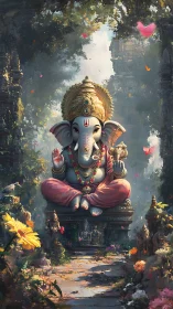 Gentle elephant deity levitates above a flower bright path.