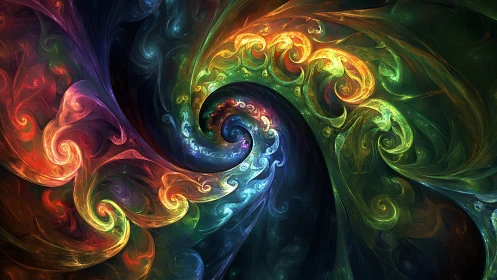 Vivid swirling fractal spiral in intense rainbow colors