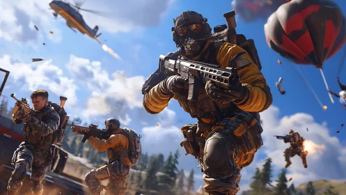 Tactical military squad advancing in open battlefield environment.