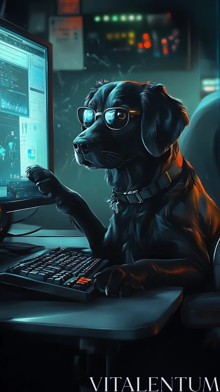 Black labrador programmer at dual-screen workstation, teal glow.
