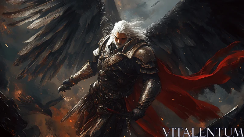 Armored winged warrior with sword in storm-lit sky scene.