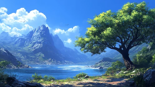 Alpine Lake Valley with Mountain Peak and Ancient Tree