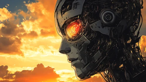 Side profile of complex robotic head at sunset sky backdrop.
