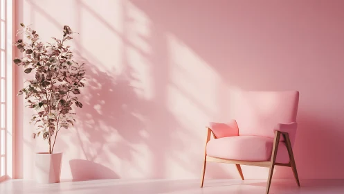 Soft pink reading nook with sunlit chair and potted tree.
