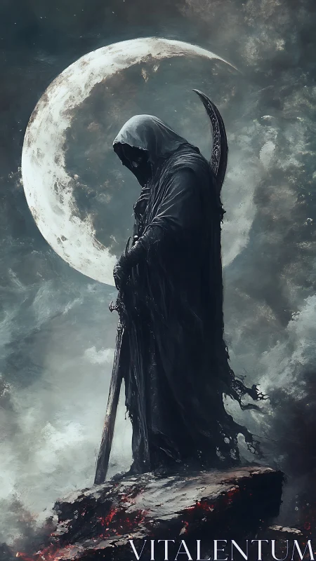 Moonlit reaper pauses on a burning cliff between storms
