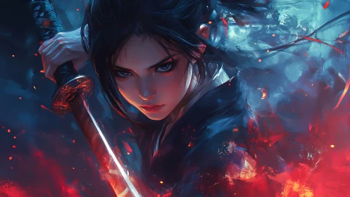 Fierce female warrior holding katana in swirling flames.