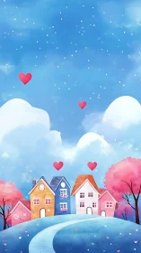 Sky of sugar hearts over pastel hilltop cottages.