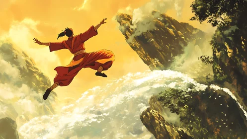 Martial artist soaring above sunlit misty mountain cliffs.
