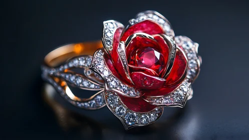 Crimson gemstone rose ring glowing with diamond-lit petals.