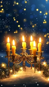 Golden winter candelabra dreams under snowfall and starlight.