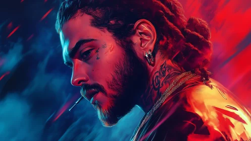 Moody neon portrait of a thoughtful man in glowing light.