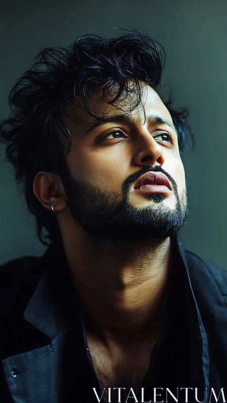 Bearded man in dark jacket gazing upward in soft light.