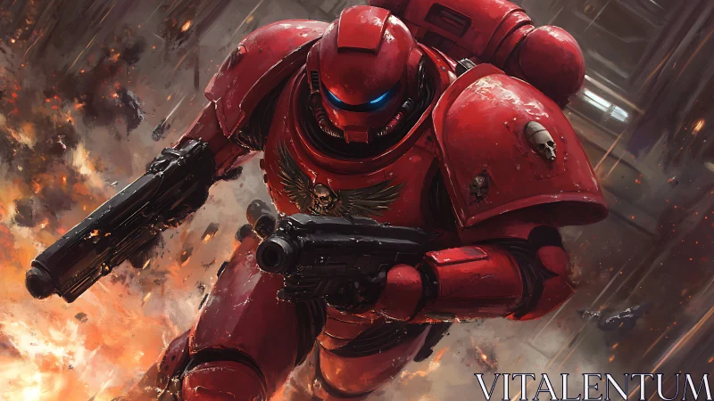 Crimson war titan hurtles through firelit ruins with purpose