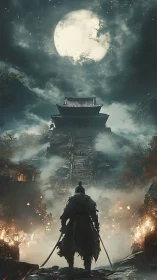 Lone samurai ascends misty temple stairs under overexposed full moon