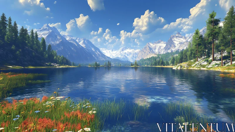 Mountain lake with conifer forest and distant snow peaks.