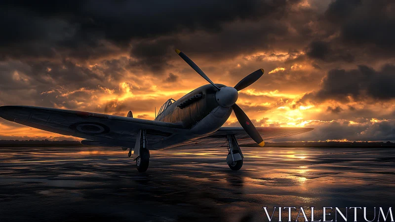 Vintage fighter plane on wet runway under dramatic sunset.