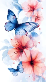 Blue butterflies drift gracefully around soft coral blooms