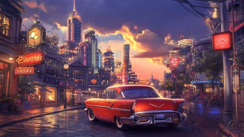 Classic red car parked on neon city street at sunset