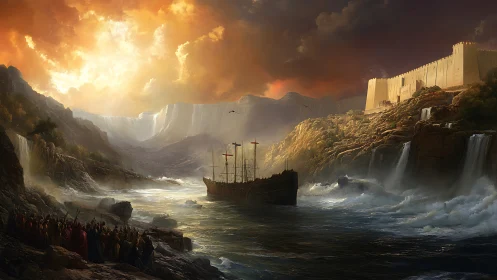 Stormlit fortress watches a lone ark carve through boiling seas