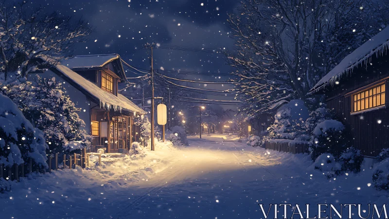 Snowy village street glows softly under warm lantern light