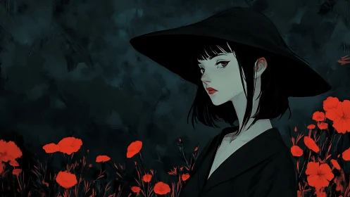 Dark-haired woman in black hat amid vivid red poppies.