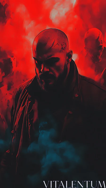Bald male figure in red smoke with shadowed background forms.