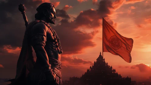 Warrior silhouette and Indian flag at blazing sunset horizon.