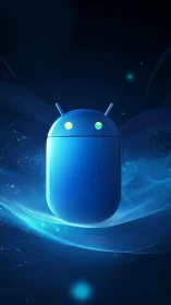 Blue android robot floats in luminous abstract space