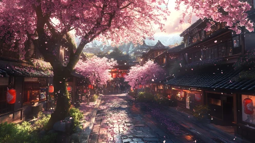 Cherry blossoms drift over a lantern-lit traditional street