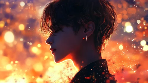 Softly glowing profile against a dreamy ember twilight.